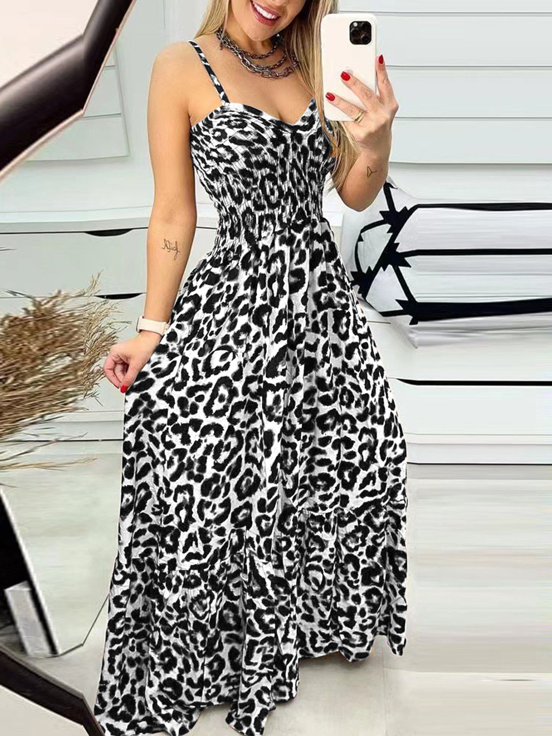 Leopard Sweetheart Neck Cami Dress-Angel Casuals