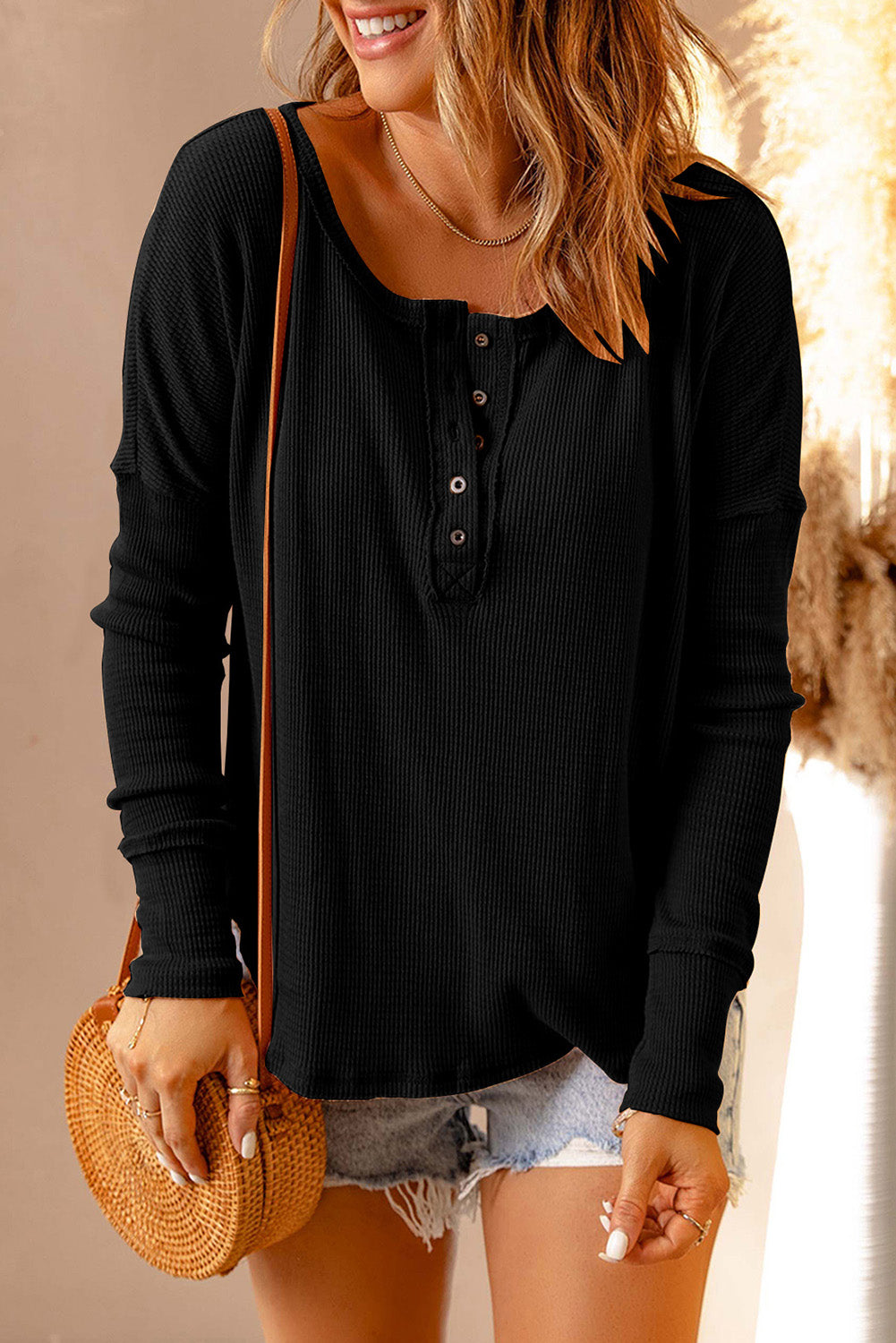 Double Take Full Size Half Button Drop Shoulder T-Shirt-Angel Casuals