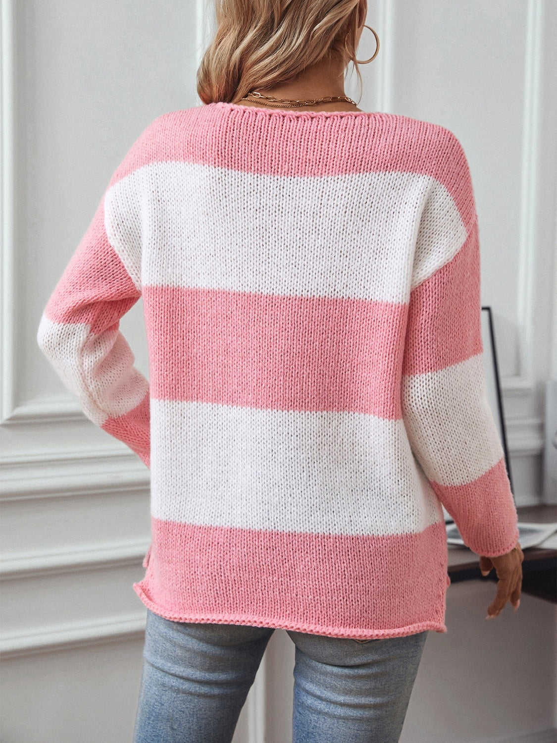 Color Block V-Neck Long Sleeve Sweater-Angel Casuals