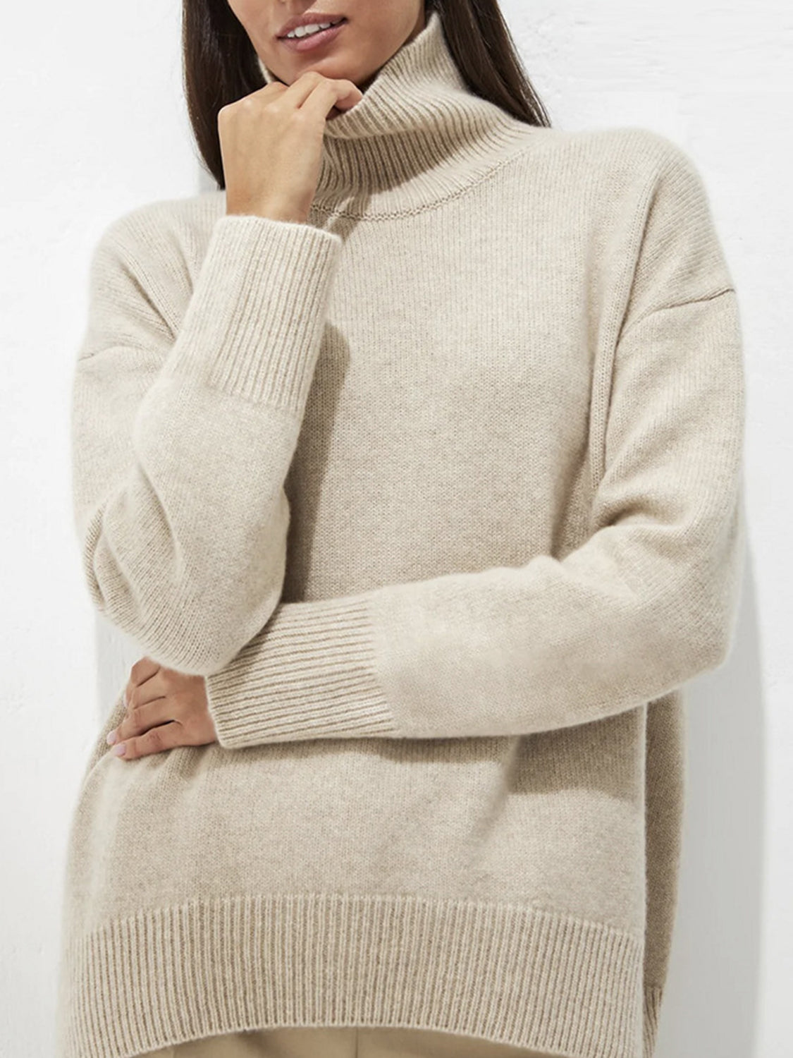 Ribbed Detail Turtleneck Dropped Shoulder Sweater-Angel Casuals