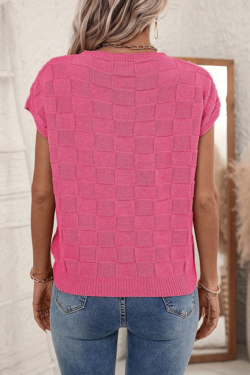 Pocketed Checkered Round Neck Knit Top-Angel Casuals