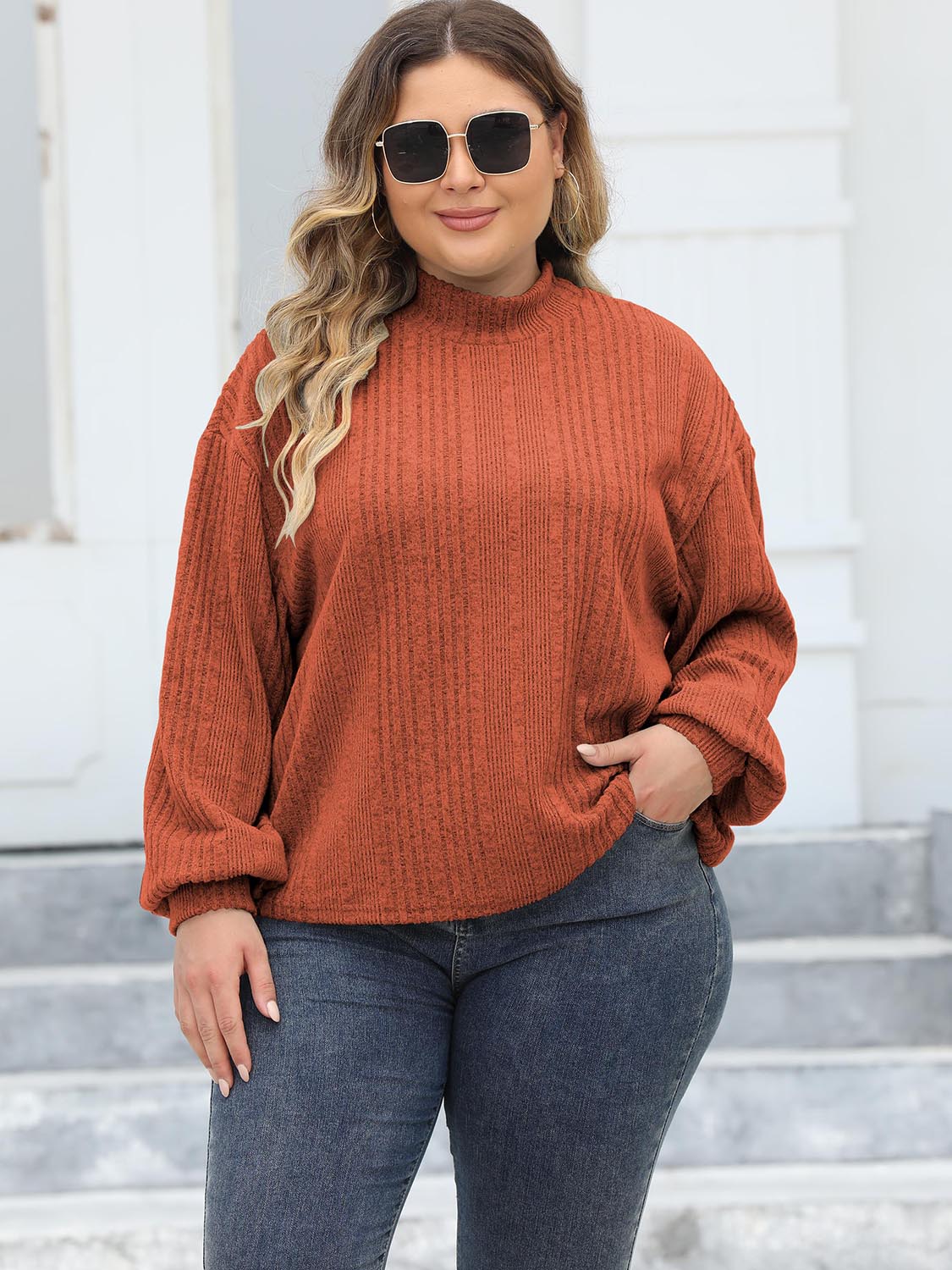 Plus Size Mock Neck Long Sleeve Knit Top-Angel Casuals