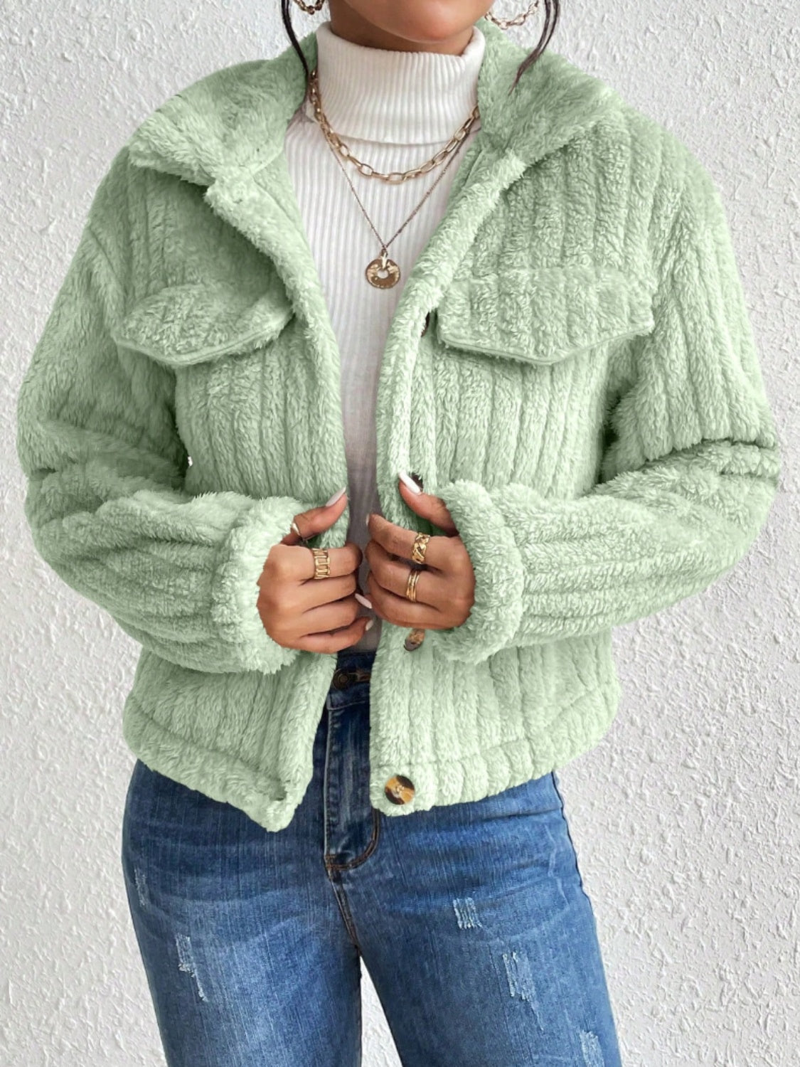 Fuzzy Button Up Collared Neck Jacket-Angel Casuals