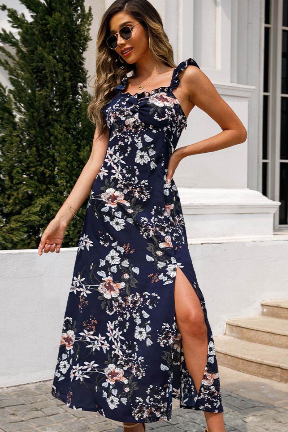 Floral Print Sleeveless Square Neck Slit Midi Dress-Angel Casuals