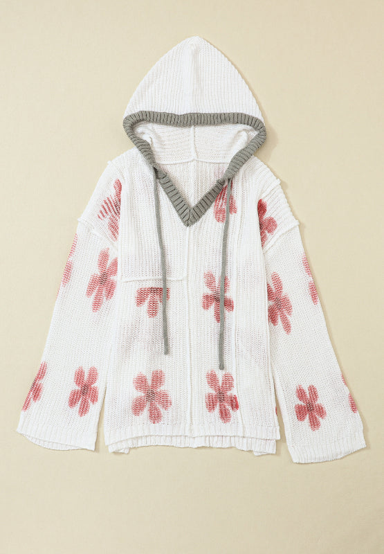 Drawstring Flower Hooded Knit Top-Angel Casuals