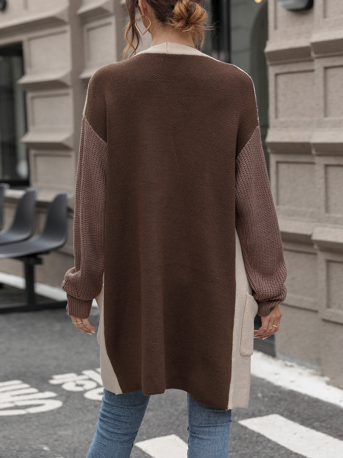 Perfee Contrast Open Front Long Sleeve Cardigan-Angel Casuals