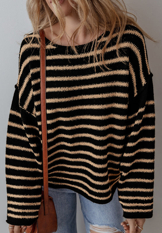 Stripe Drop Shoulder Round Neck Sweater-Angel Casuals