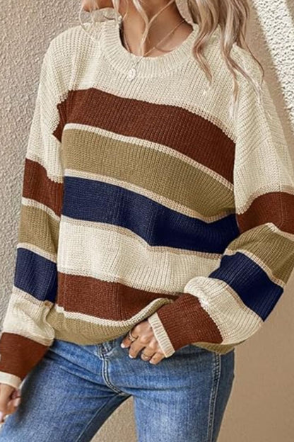 Contrast Striped Round Neck Long Sleeve Sweater-Angel Casuals