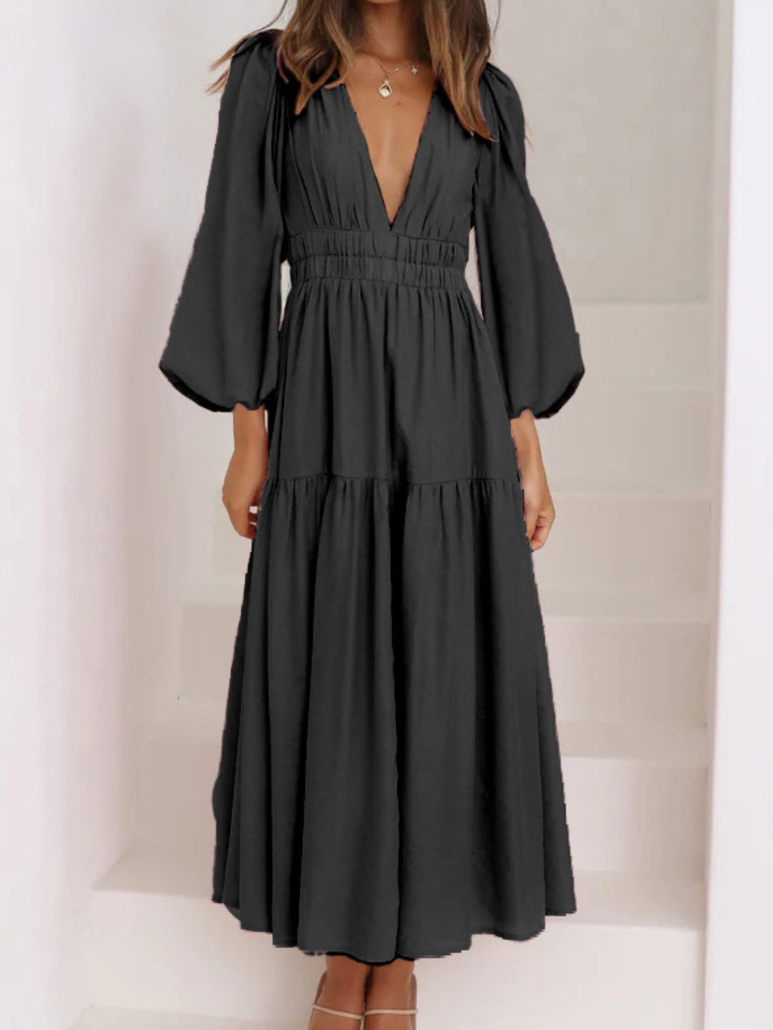 Deep V-Neck Balloon Sleeve Plain Maxi Dress-Angel Casuals