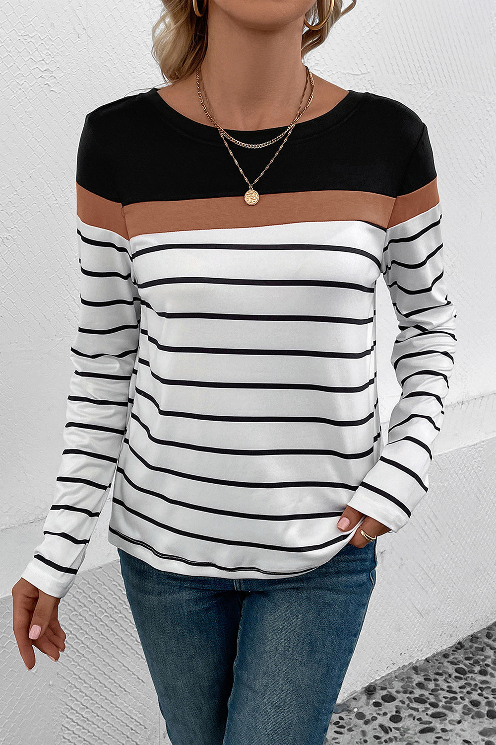 Striped Round Neck Long Sleeve T-Shirt-Angel Casuals