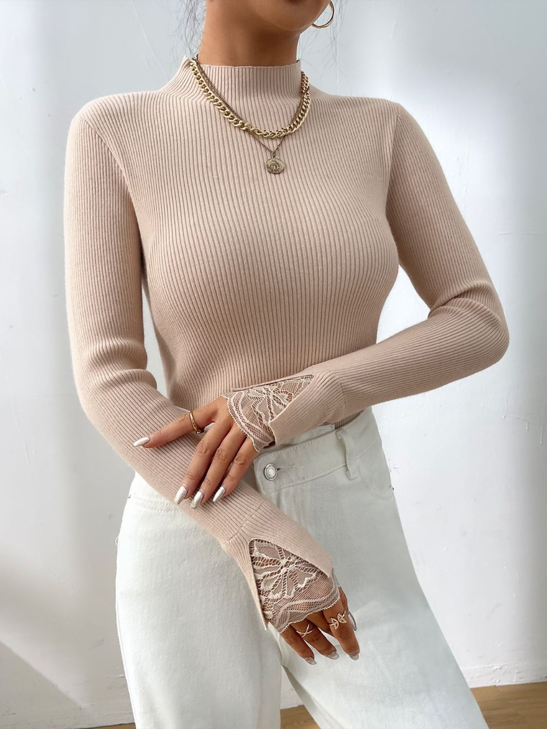 Lace Detail Mock Neck Long Sleeve Sweater-Angel Casuals