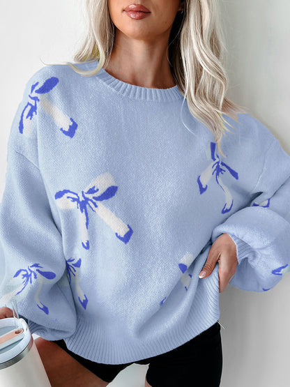 Bow Round Neck Long Sleeve Sweater-Angel Casuals