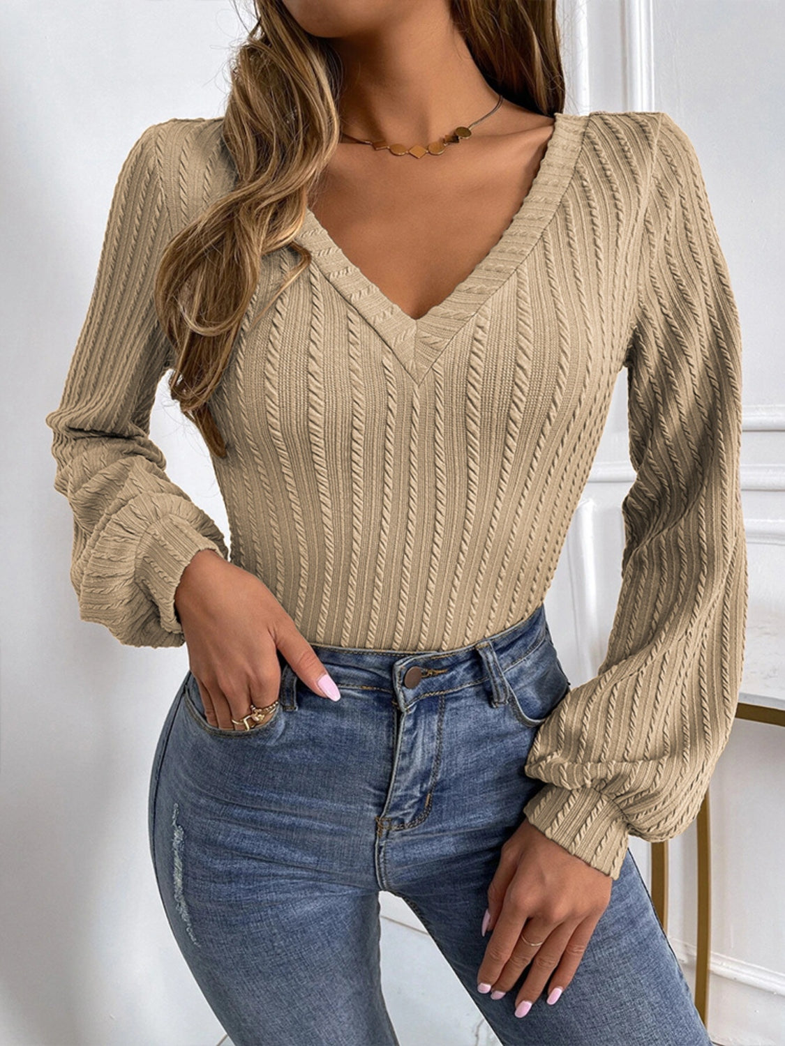 Cable-Knit V-Neck Long Sleeve Knit Top-Angel Casuals