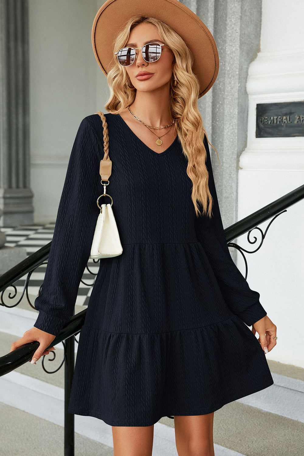 V-Neck Long Sleeve Mini Dress-Angel Casuals