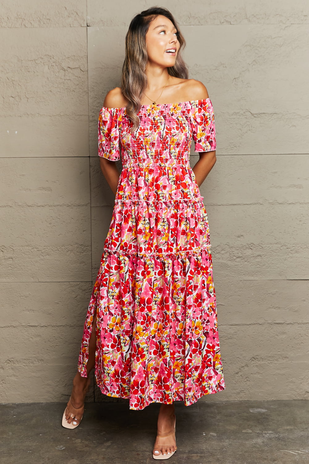 Floral Off-Shoulder Frill Trim Maxi Dress-Angel Casuals