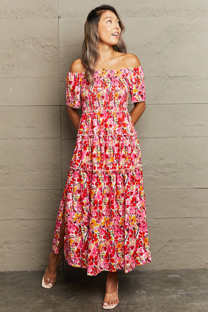 Floral Off-Shoulder Frill Trim Maxi Dress-Angel Casuals