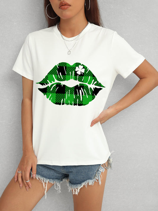 Plaid Lip Graphic Round Neck T-Shirt-Angel Casuals