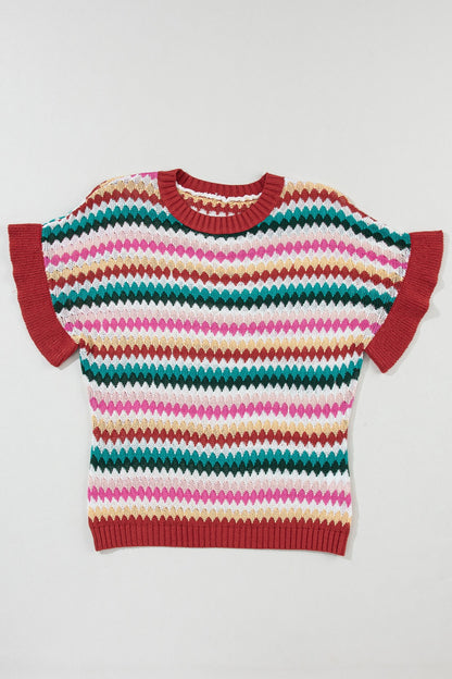 Striped Round Neck Short Sleeve Sweater-Angel Casuals