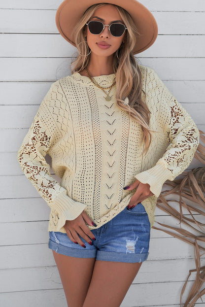 Openwork Lantern Sleeve Dropped Shoulder Sweater-Angel Casuals