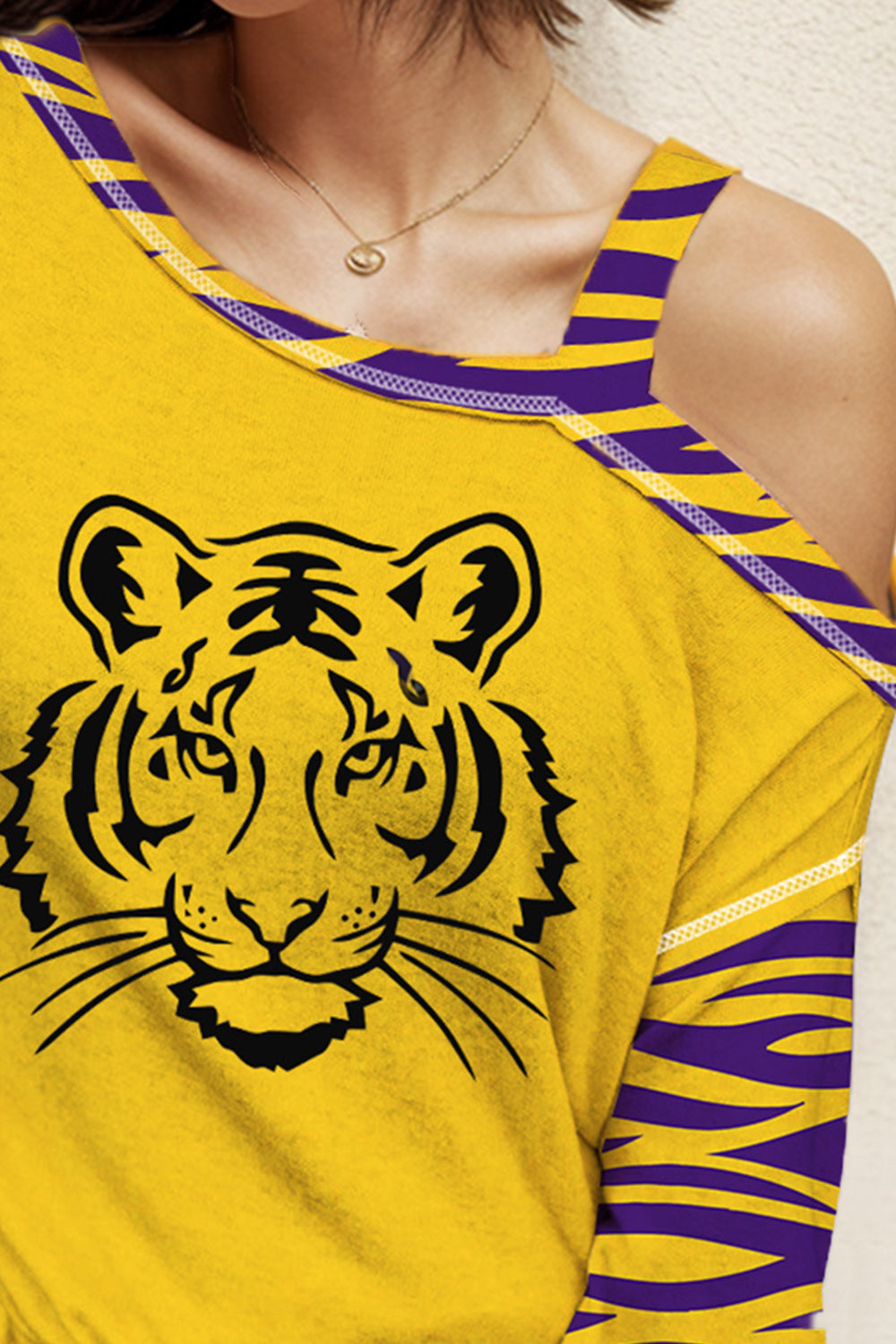 Tiger Graphic Asymmetrical Neck Long Sleeve T-Shirt-Angel Casuals