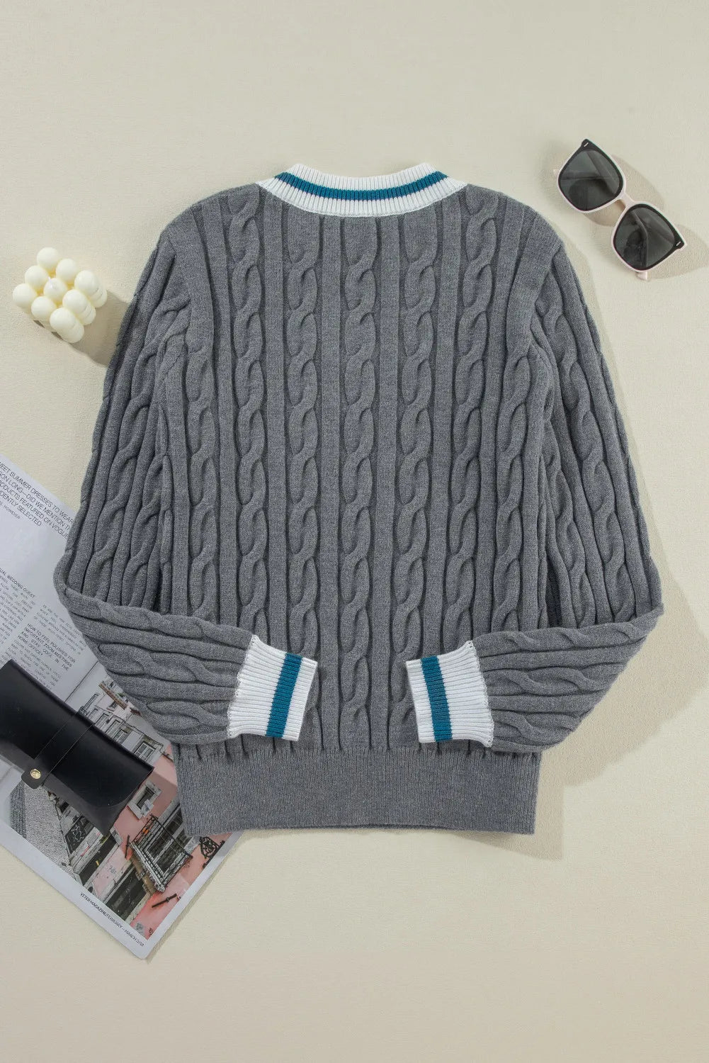 Cable-Knit V-Neck Long Sleeve Sweater-Angel Casuals