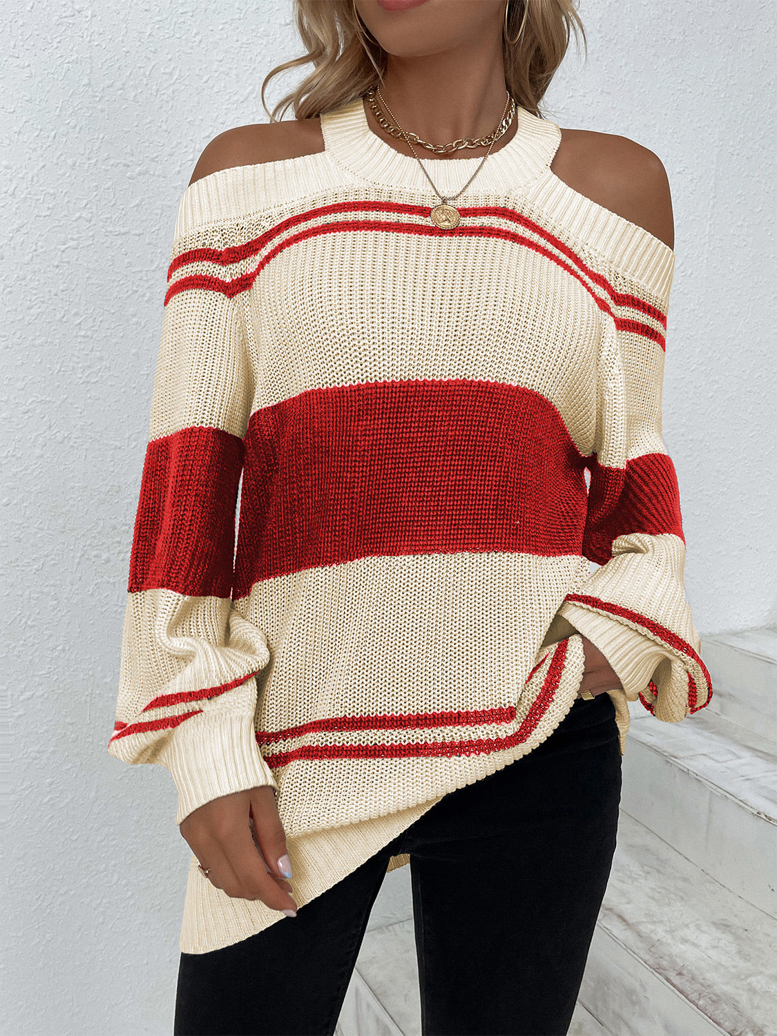 Color Block Striped Cold Shoulder Sweater-Angel Casuals