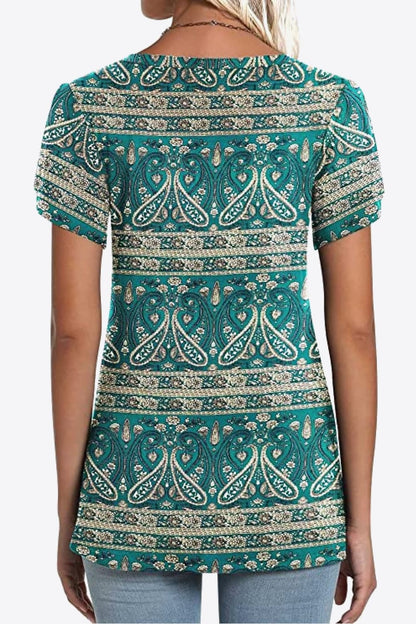 Printed Petal Sleeve V-Neck Blouse-Angel Casuals