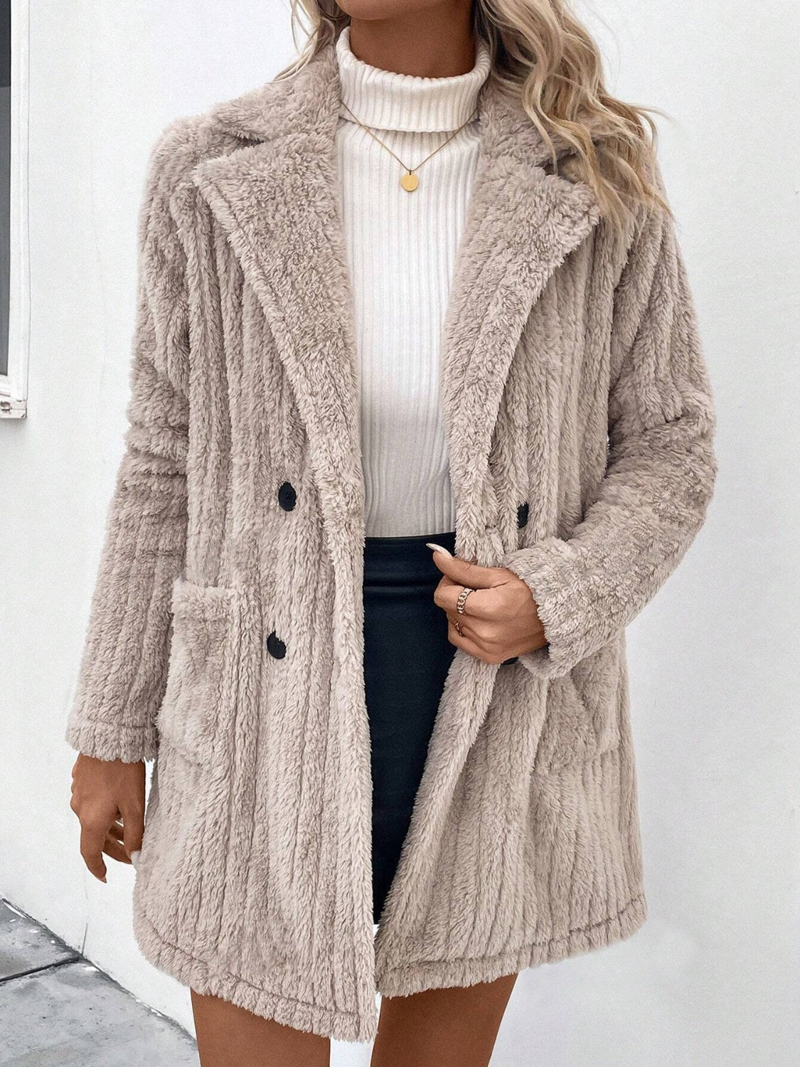 Fuzzy Button Up Long Sleeve Coat with Pockets-Angel Casuals