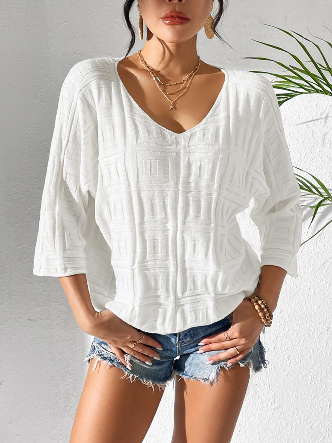 V-Neck Three-Quarter Sleeve Knit Top-Angel Casuals