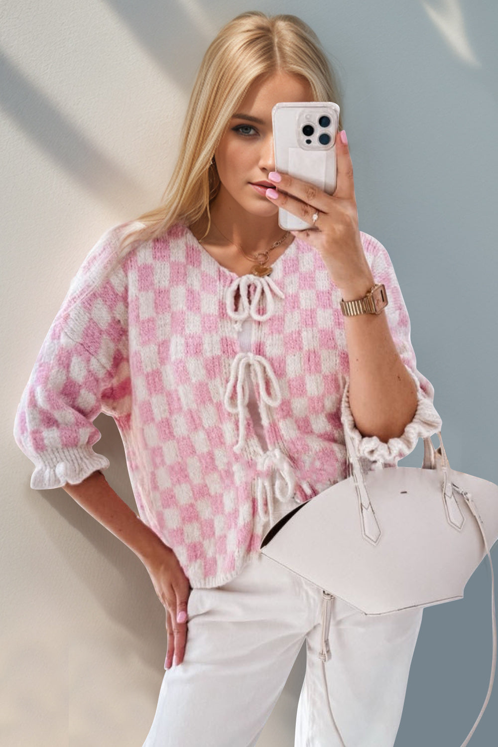 Double Take Tied Checkered Dropped Shoulder Flounce Sleeve Cardigan-Angel Casuals