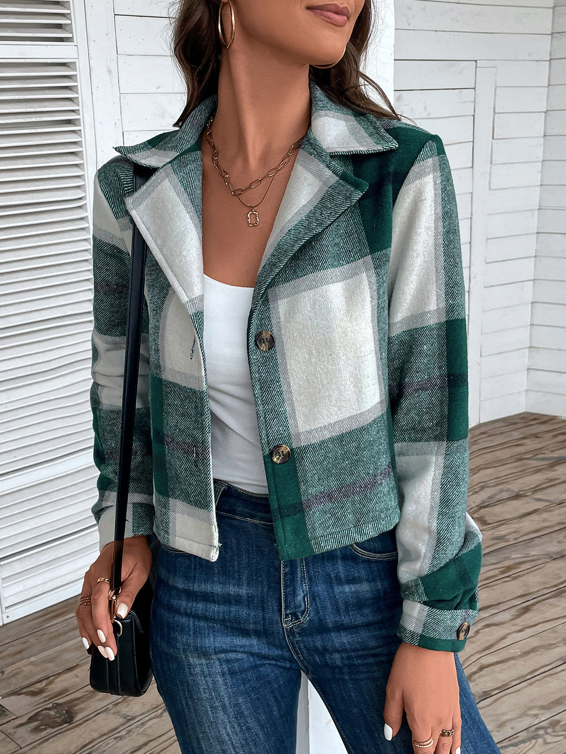 Perfee Plaid Collared Neck Button Up Long Sleeve Jacket-Angel Casuals