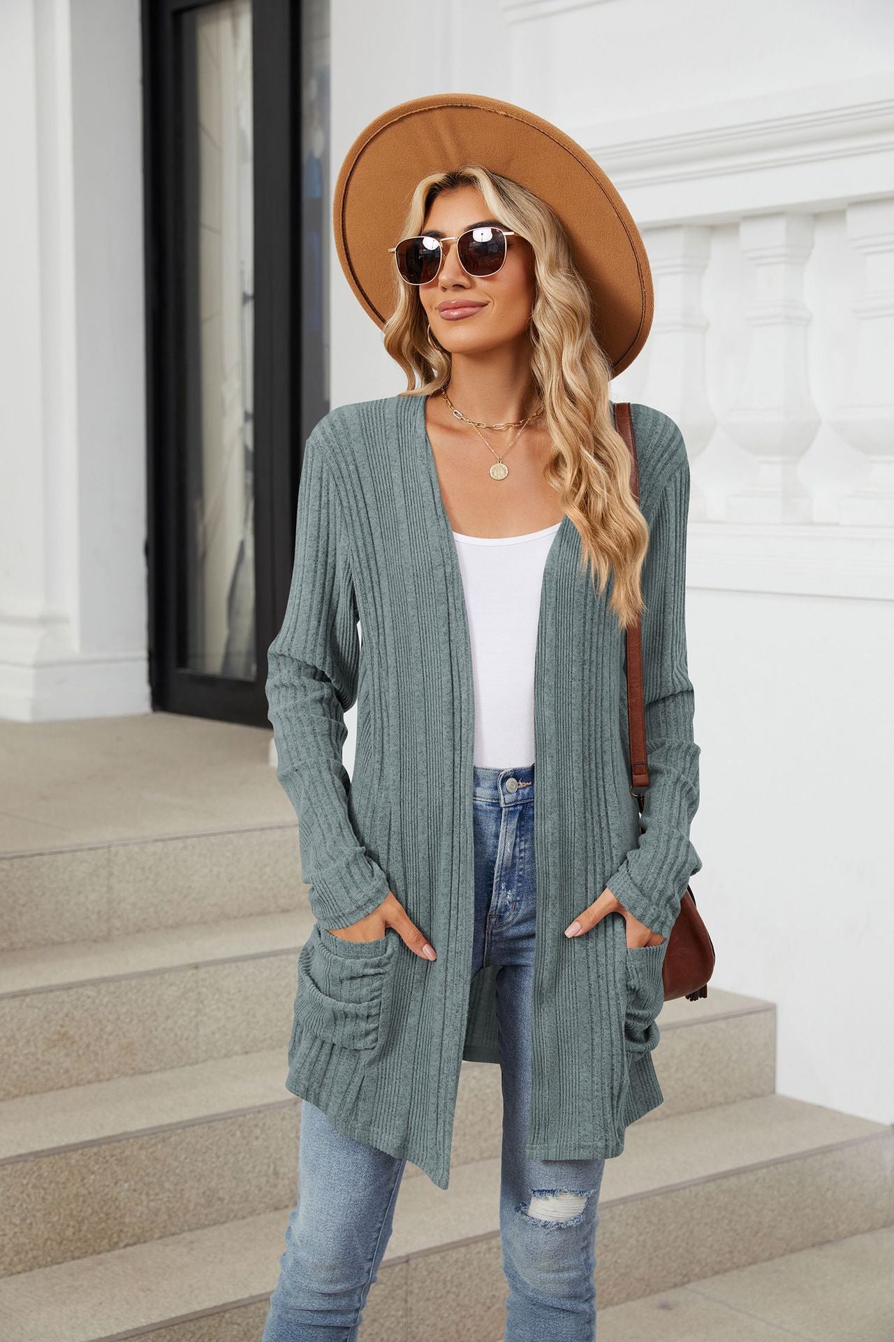 Pocketed Open Front Long Sleeve Cardigan-Angel Casuals