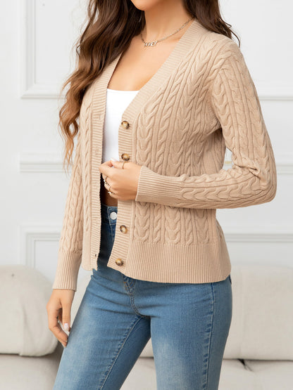 V-Neck Long Sleeve Cable-Knit Buttoned Knit Top-Angel Casuals