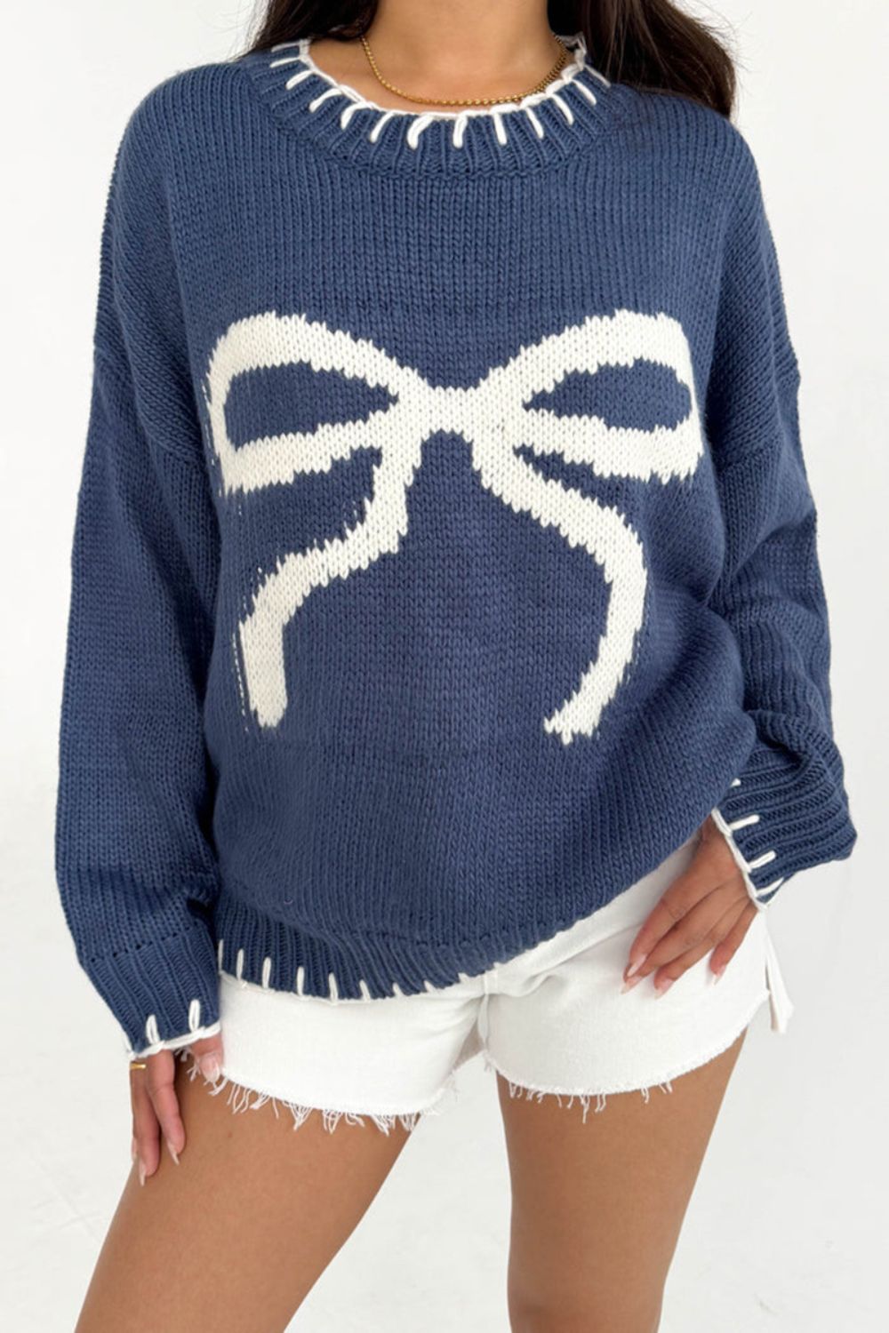 Bow Graphic Round Neck Long Sleeve Sweater-Angel Casuals