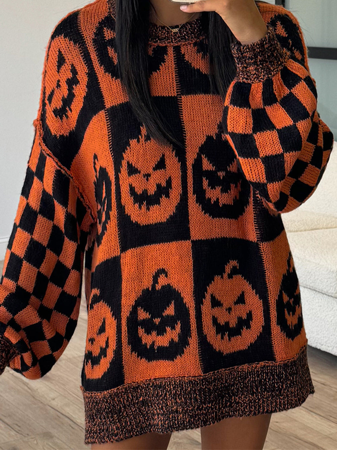 Exposed Seam Pumpkin Round Neck Long Sleeve Sweater-Angel Casuals