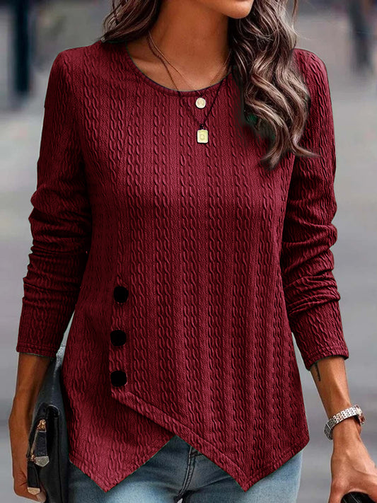 Decorative Button Round Neck Long Sleeve Top-Angel Casuals