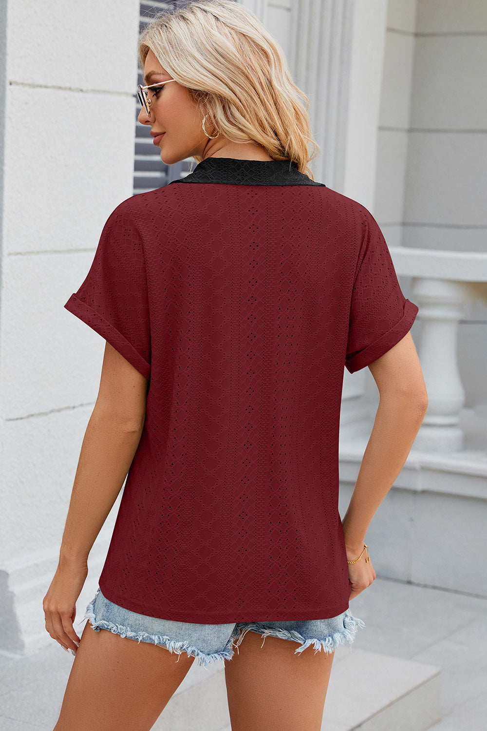 Eyelet Johnny Collar Short Sleeve T-Shirt-Angel Casuals