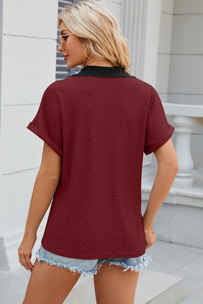 Eyelet Johnny Collar Short Sleeve T-Shirt-Angel Casuals