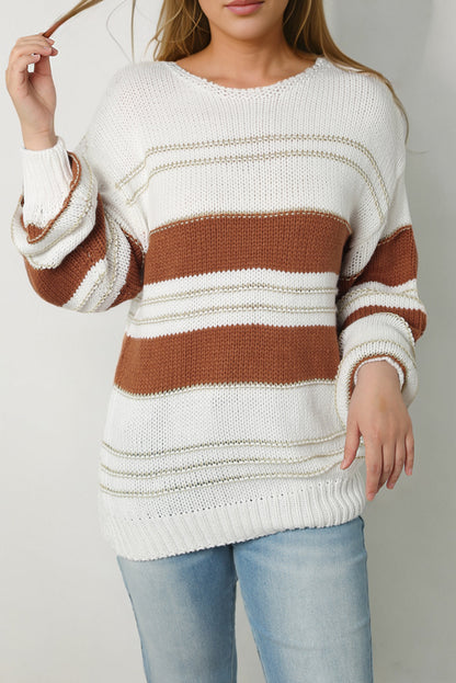 Striped Round Neck Dropped Shoulder Sweater-Angel Casuals