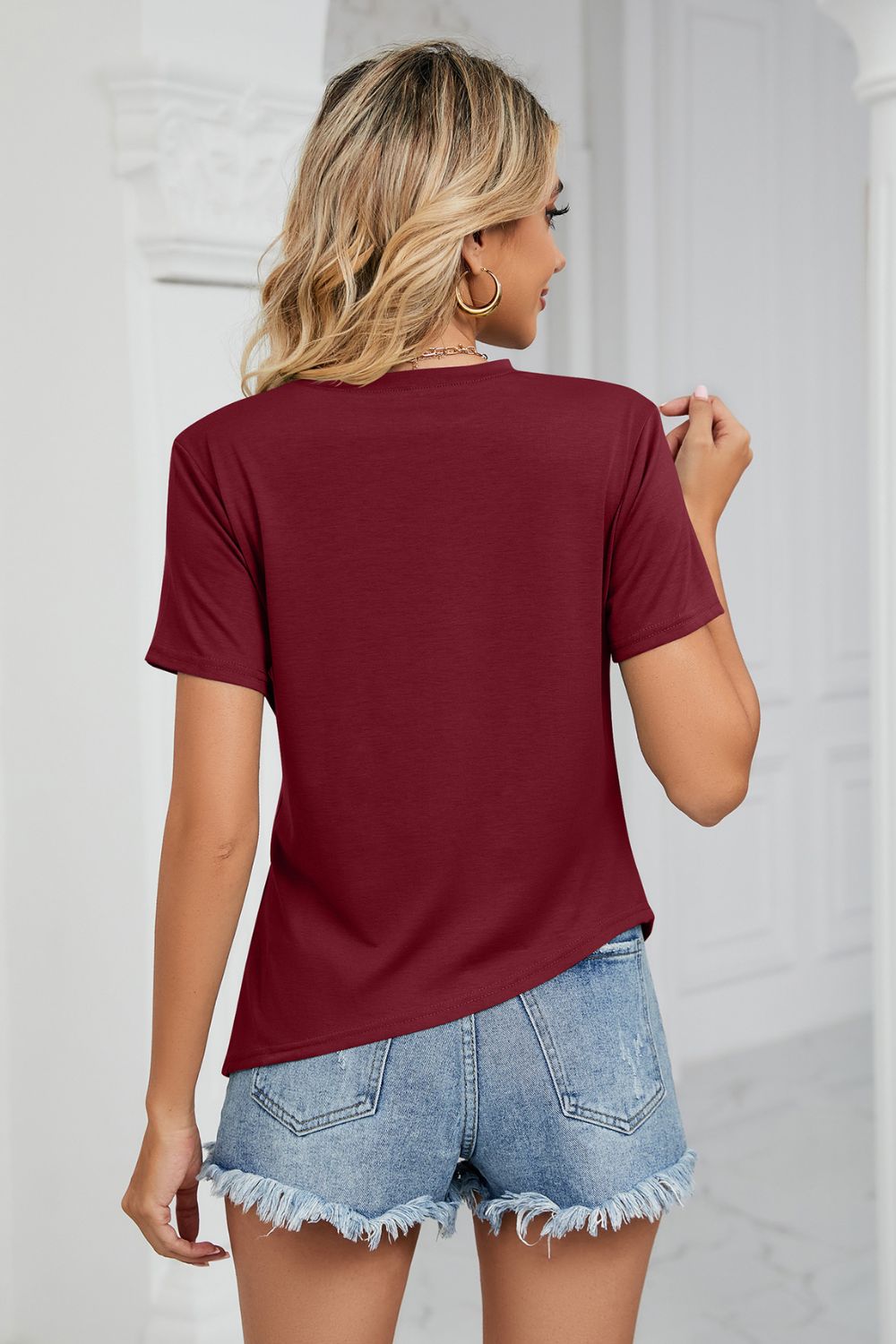 Ruched Hem Detail Crewneck T-Shirt-Angel Casuals