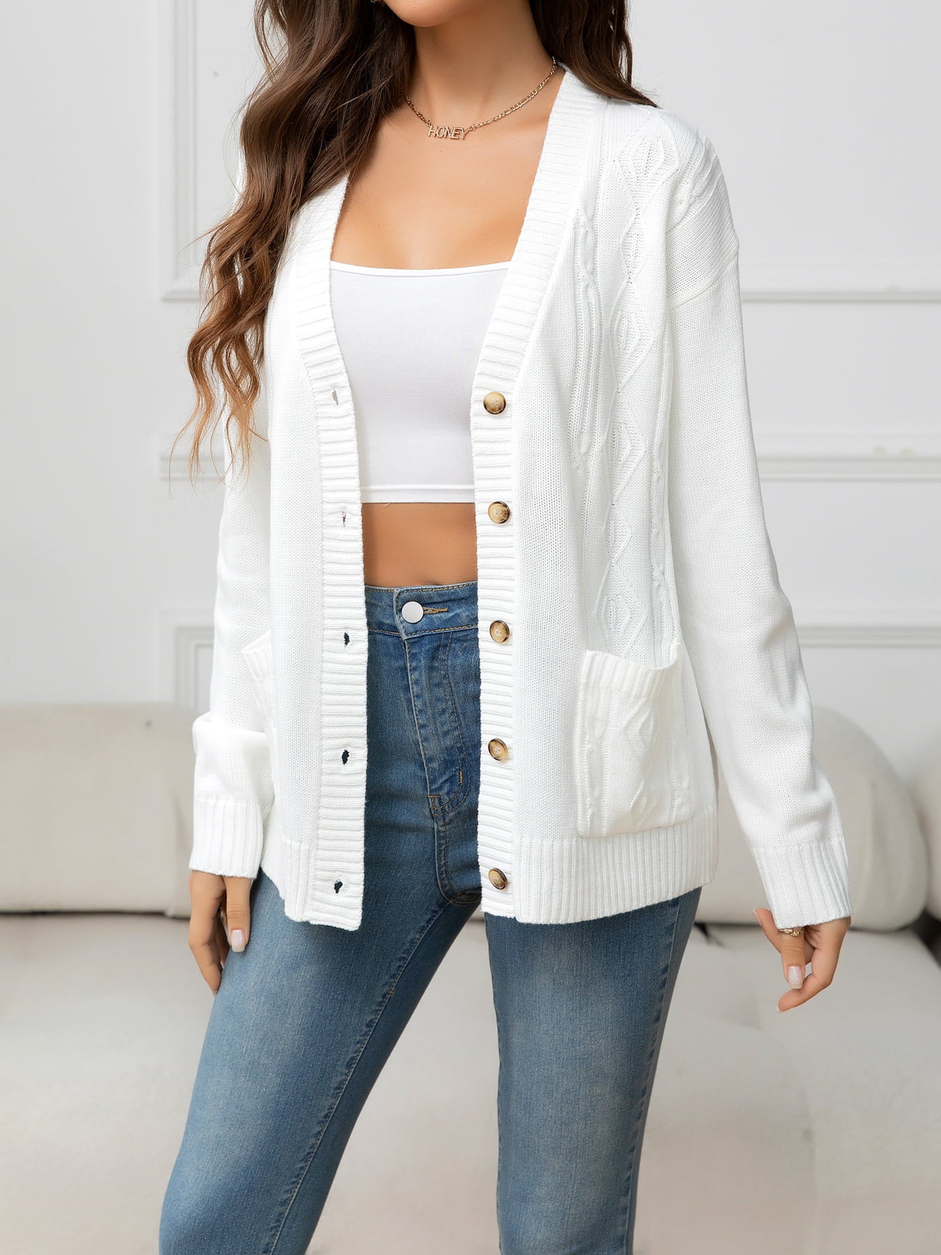 V-Neck Long Sleeve Buttoned Knit Top with Pocket-Angel Casuals