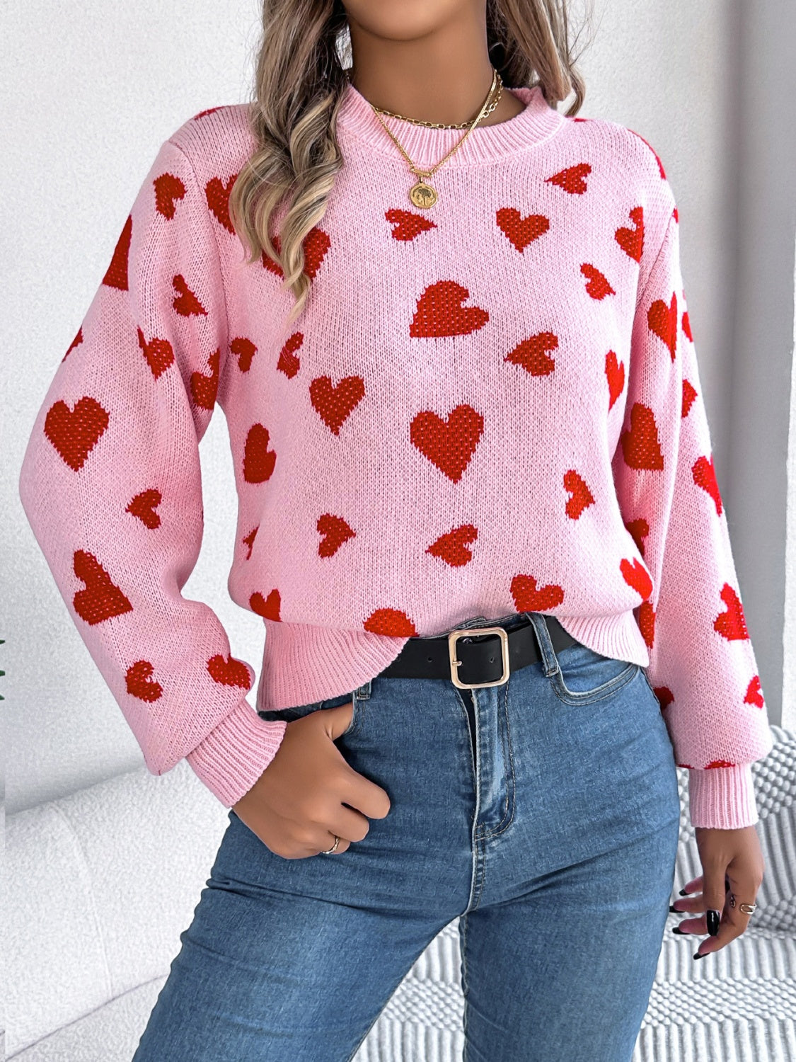 Heart Round Neck Long Sleeve Sweater-Angel Casuals