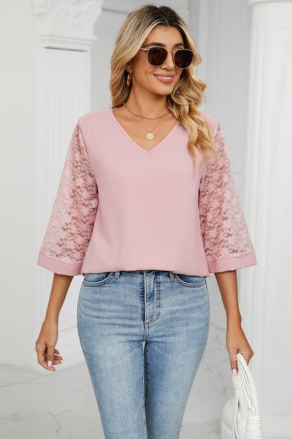 V-Neck Three-Quarter Sleeve Top-Angel Casuals