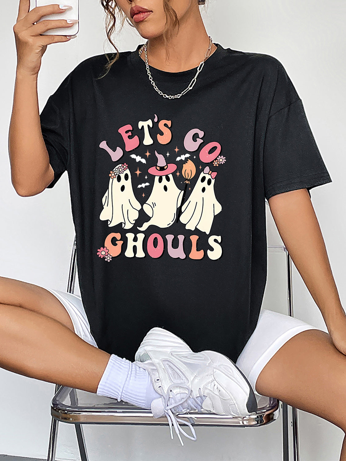 Round Neck Short Sleeve LET'S GO GHOULS Graphic T-Shirt-Angel Casuals