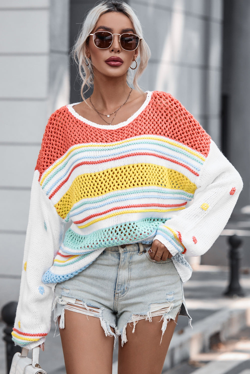 Hollow Striped Color Block Round Neck Sweater-Angel Casuals