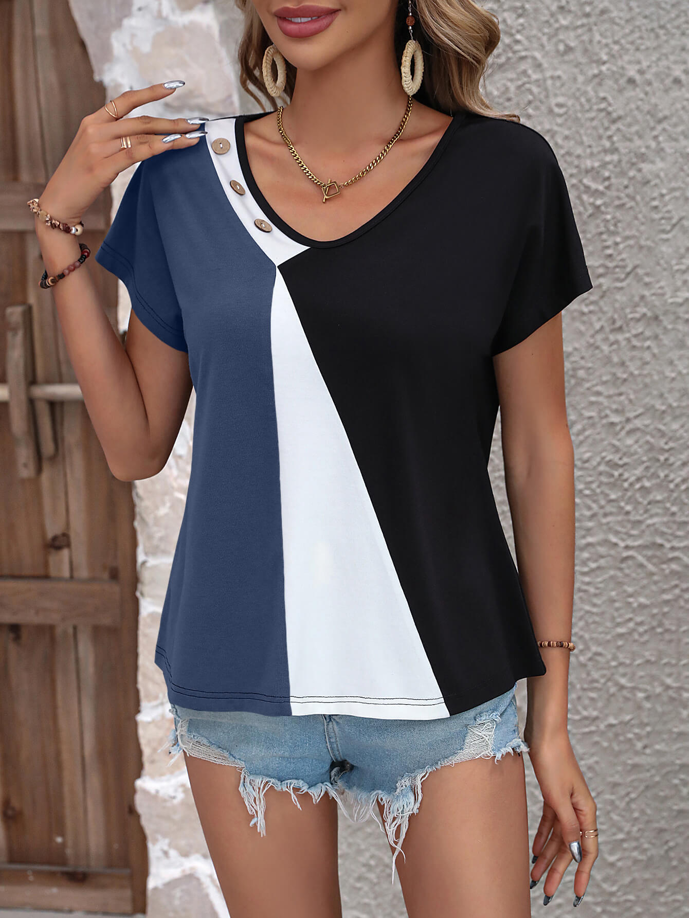 Color Block Decorative Button V-Neck Tee-Angel Casuals