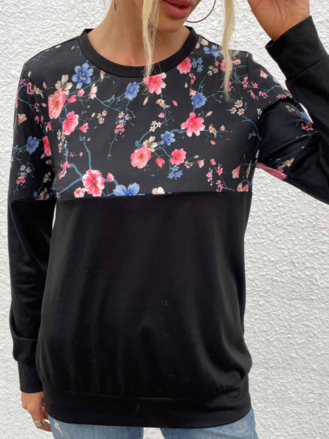 Floral Print Round Neck Dropped Shoulder Tee-Angel Casuals