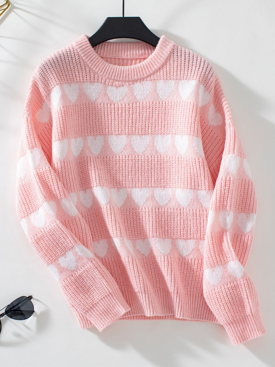 Heart Round Neck Dropped Shoulder Sweater-Angel Casuals