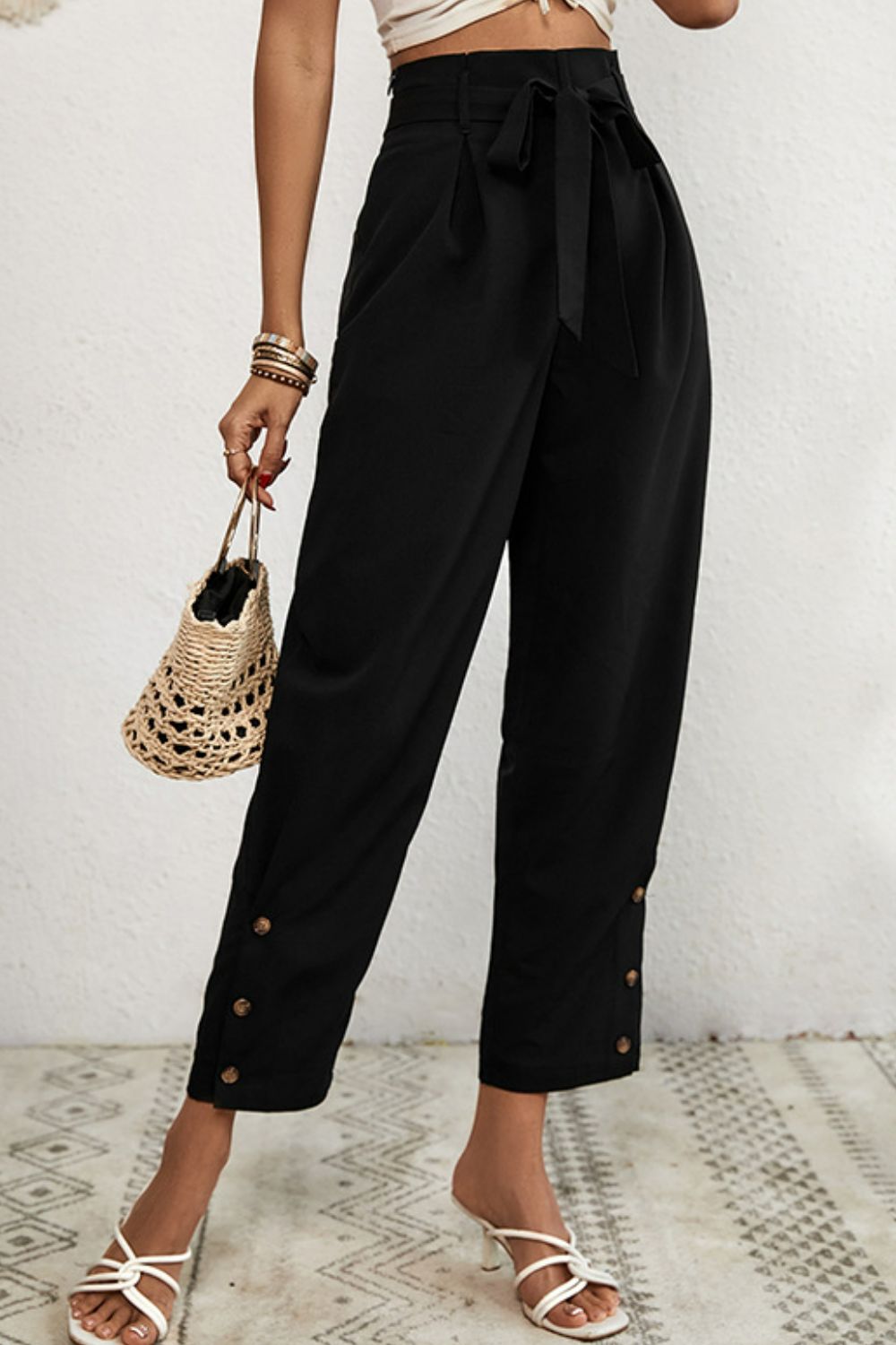 Buttoned Tie-Waist Cropped Pants-Angel Casuals