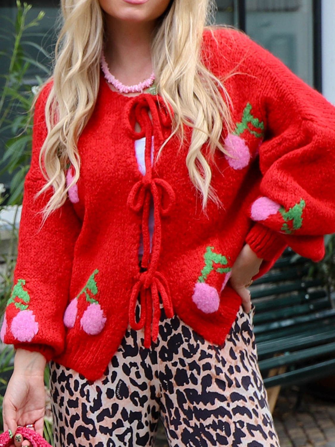 Tied Cherry Round Neck Long Sleeve Cardigan-Angel Casuals